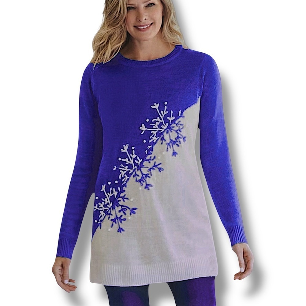 Woman Within Crew Neck Snowflake Sweater Winter Holiday Blue White Plus 2X
